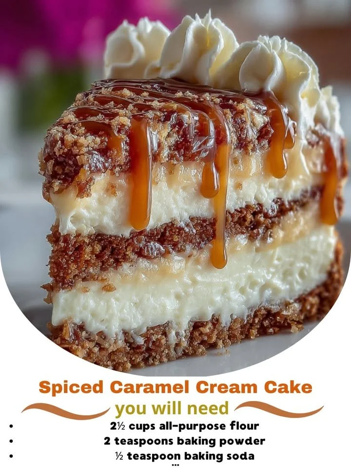 Delicious spiced caramel cream cake topped with decadent caramel sauce.