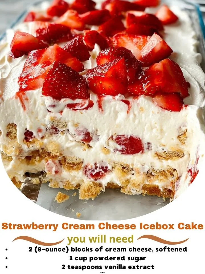 Delicious Strawberry Cream Cheese Icebox Cake topped with fresh strawberries