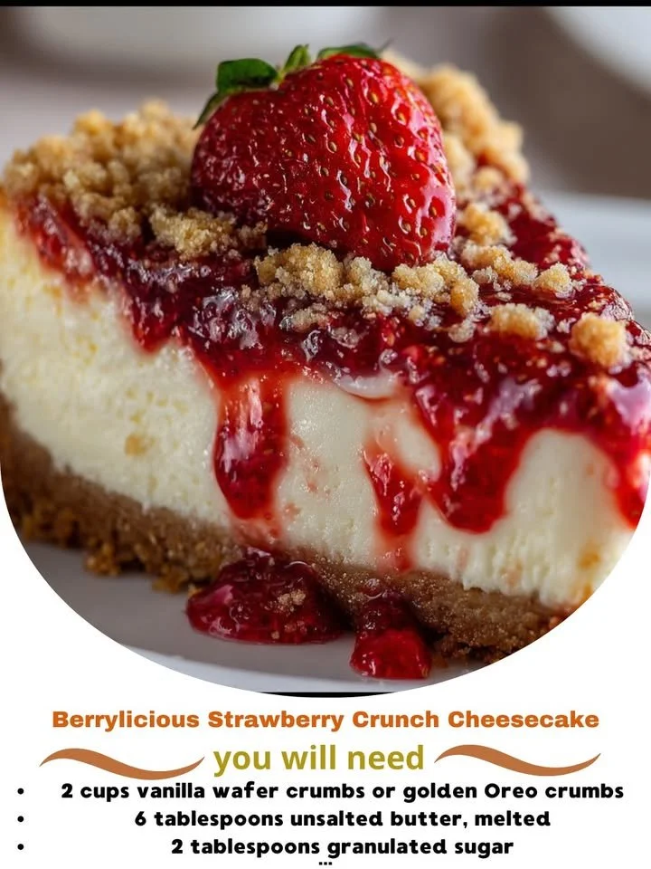 Slice of strawberry crunch cheesecake topped with fresh strawberries and crunchy crumbs