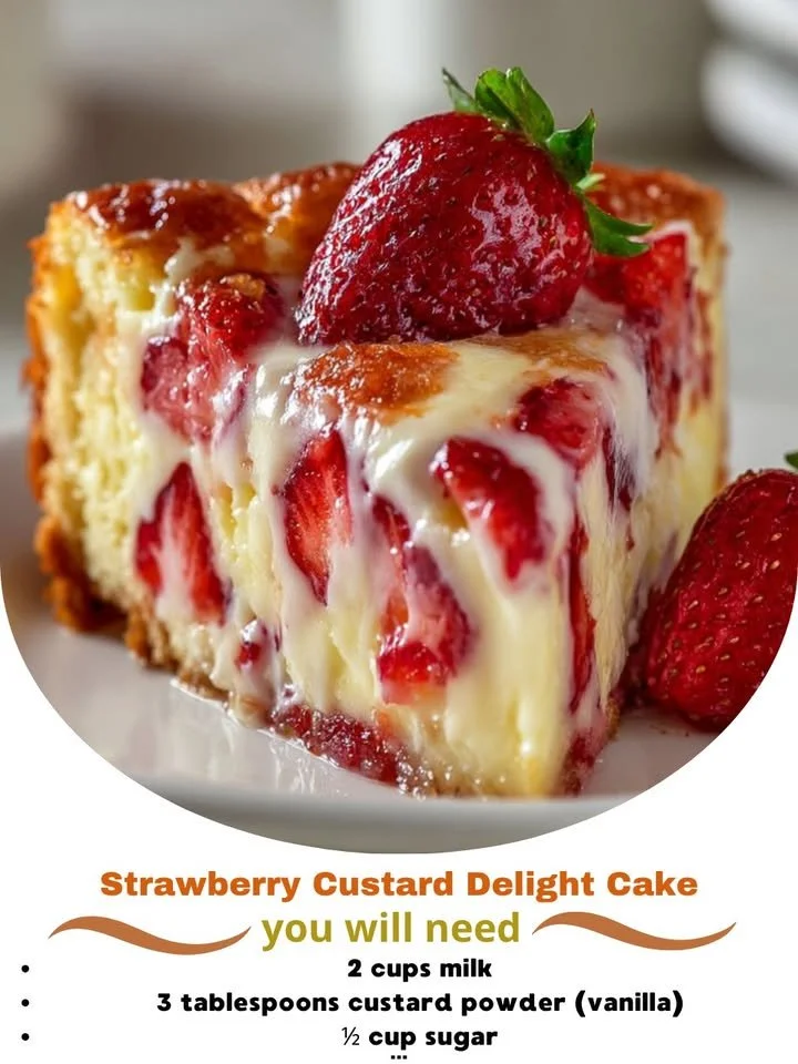 Slice of Strawberry Custard Cake topped with fresh strawberries and creamy custard