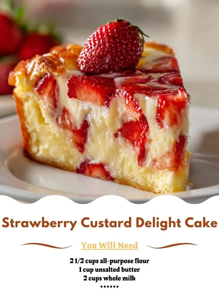 Slice of Strawberry Custard Delight Cake with fresh strawberries and creamy custard