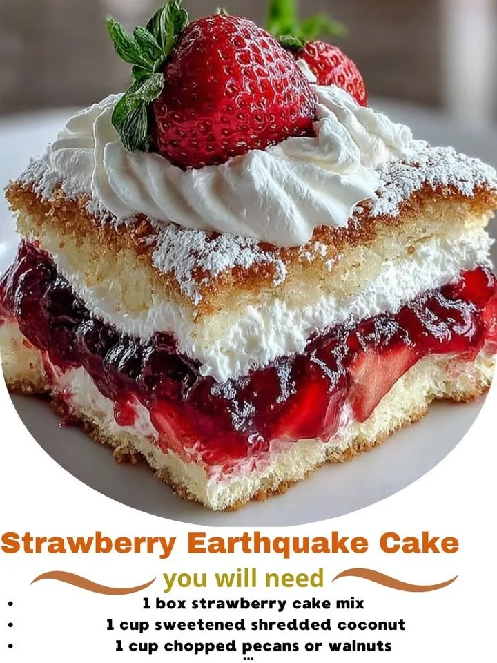 Delicious Strawberry Earthquake Cake sliced on a plate with fresh strawberries