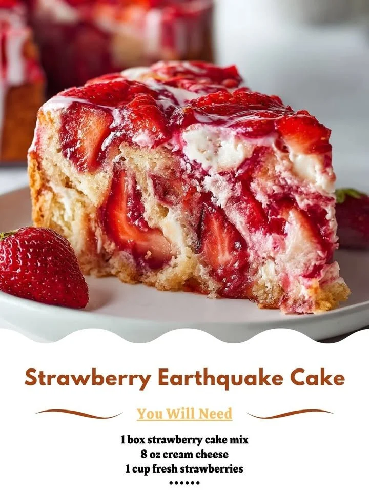 Delicious Strawberry Earthquake Cake topped with cream cheese and strawberries