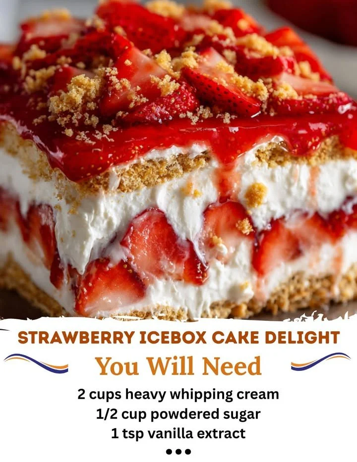 Delicious Strawberry Icebox Cake topped with fresh strawberries and whipped cream