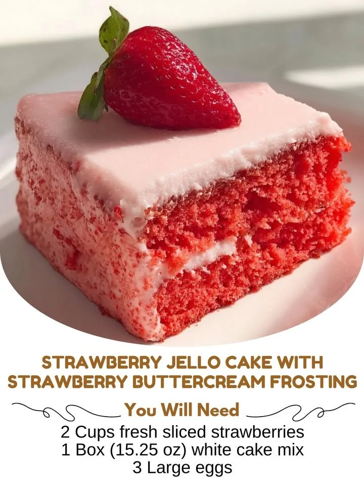 Delicious strawberry jello cake with strawberry buttercream frosting.