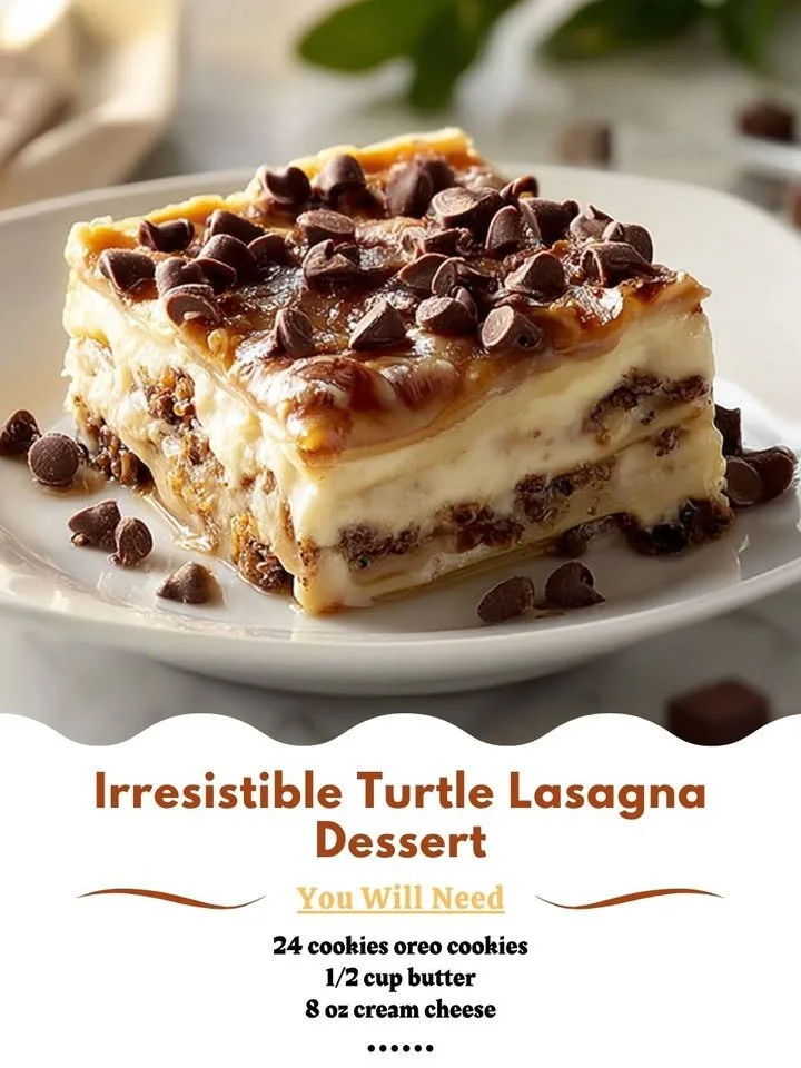 Turtle Lasagna dessert featuring layers of chocolate, caramel, and pecans.