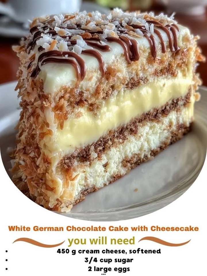 White German chocolate cake with cheesecake layer, beautifully decorated