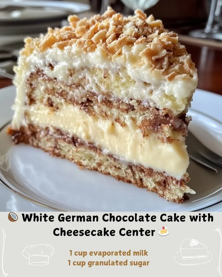 White German chocolate cake with creamy cheesecake center and chocolate frosting