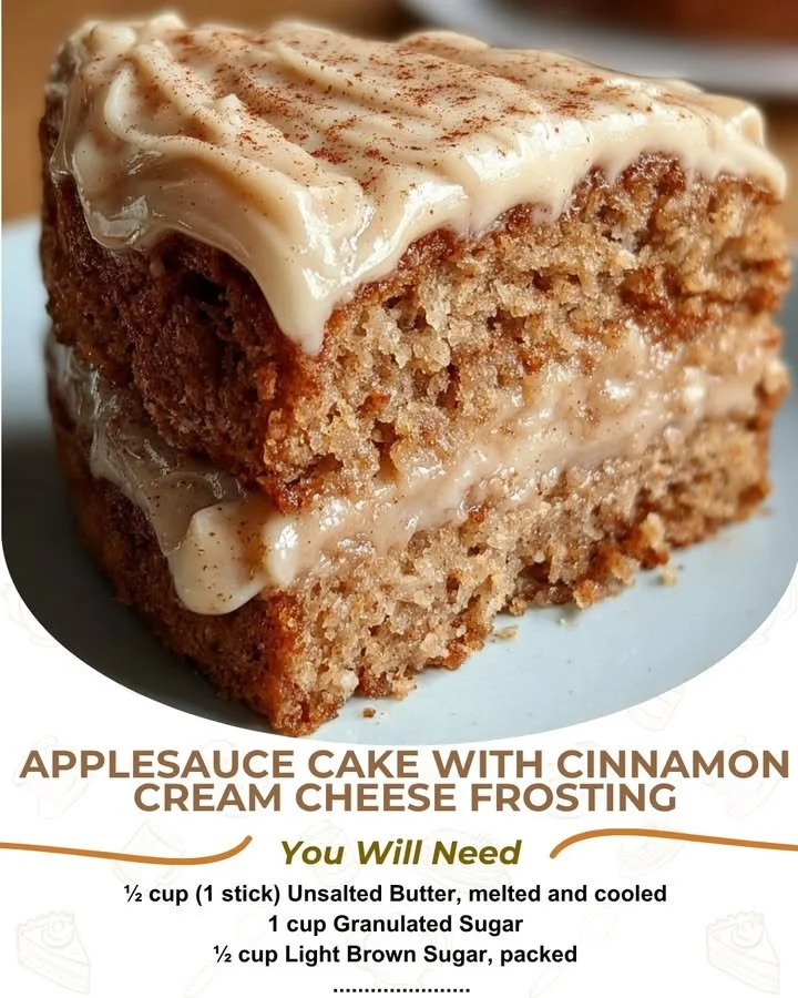 Slice of applesauce cake with cinnamon cream cheese frosting on a plate