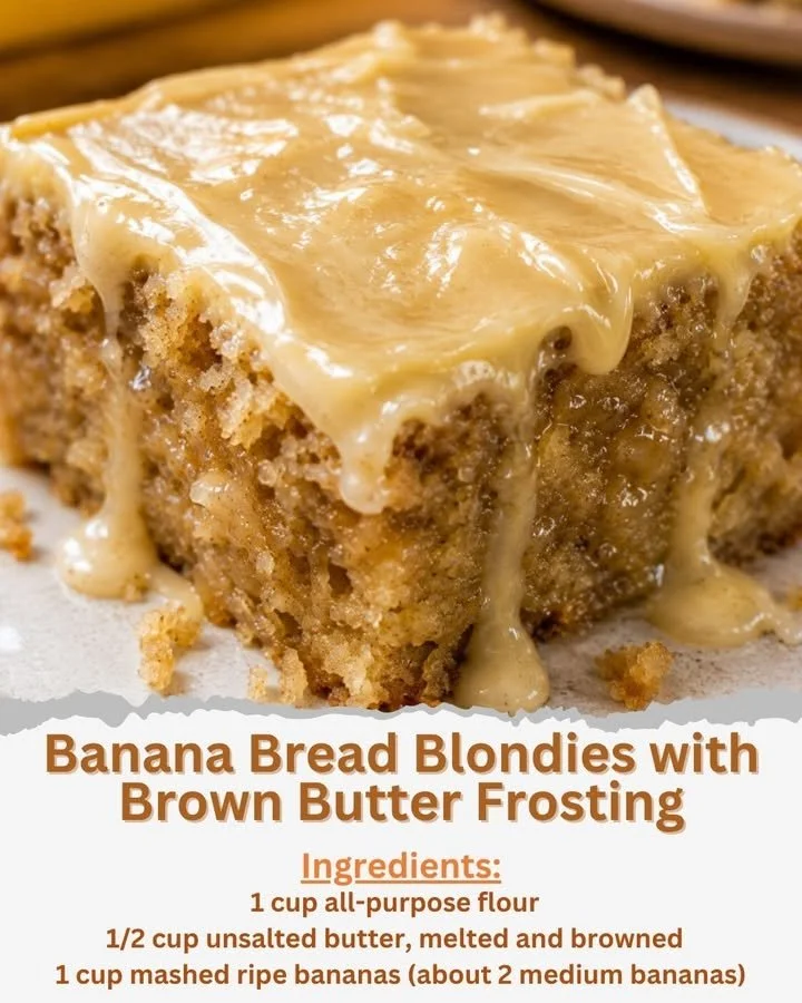 Banana Bread Blondies drizzled with brown butter frosting on a plate