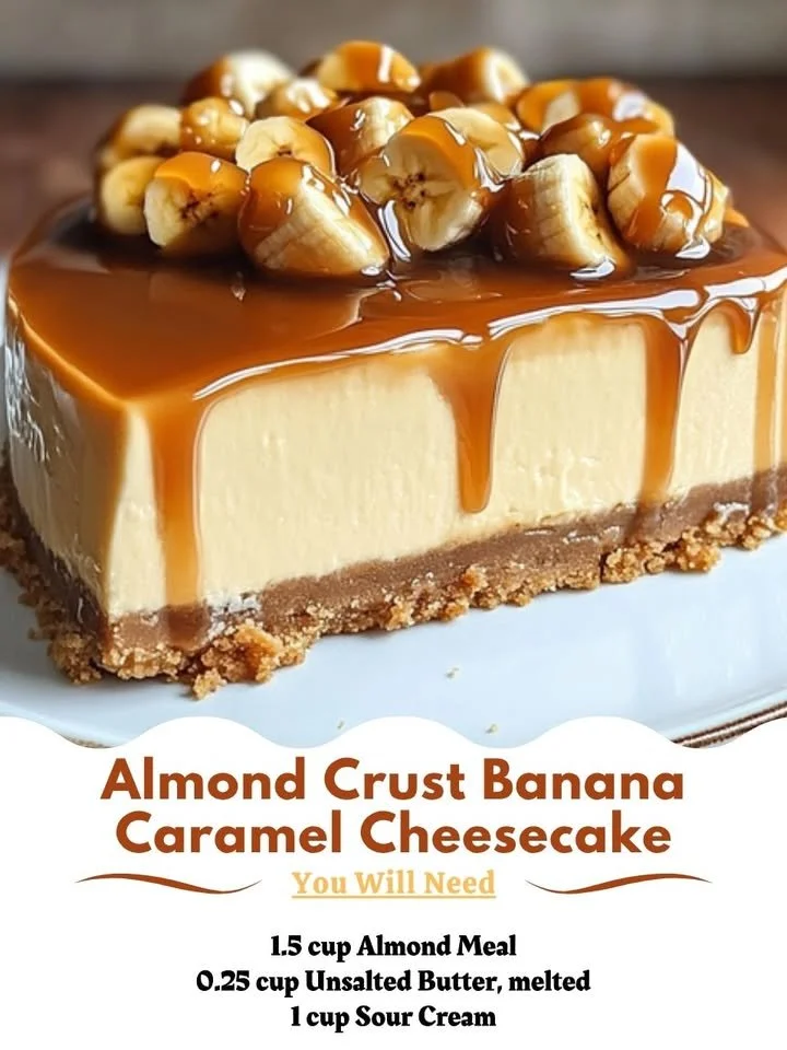 Slice of Banana Caramel Cheesecake with Almond Crust on a plate
