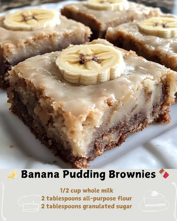 Delicious banana pudding brownies topped with whipped cream and banana slices