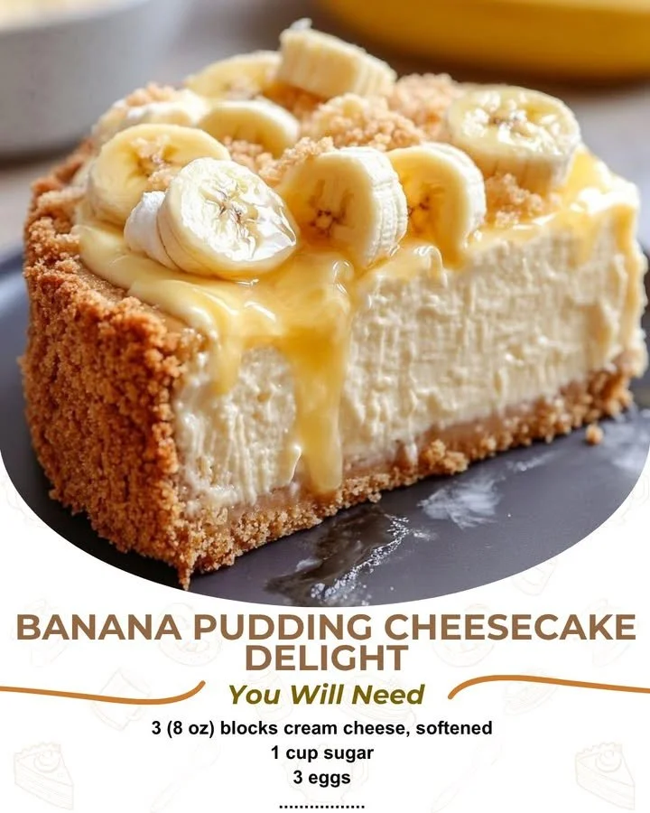 Delicious slice of banana pudding cheesecake topped with whipped cream and banana slices.