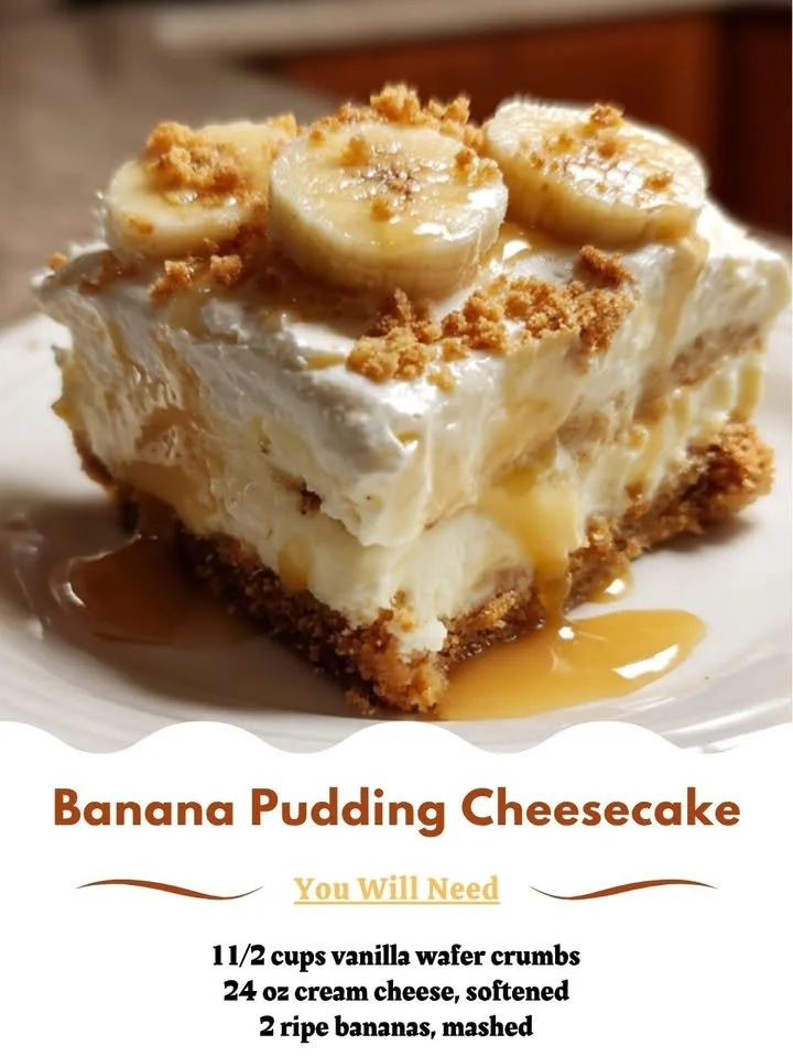 Delicious Banana Pudding Cheesecake topped with whipped cream and banana slices