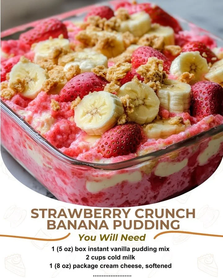 Delicious banana pudding topped with strawberry crunch in a bowl