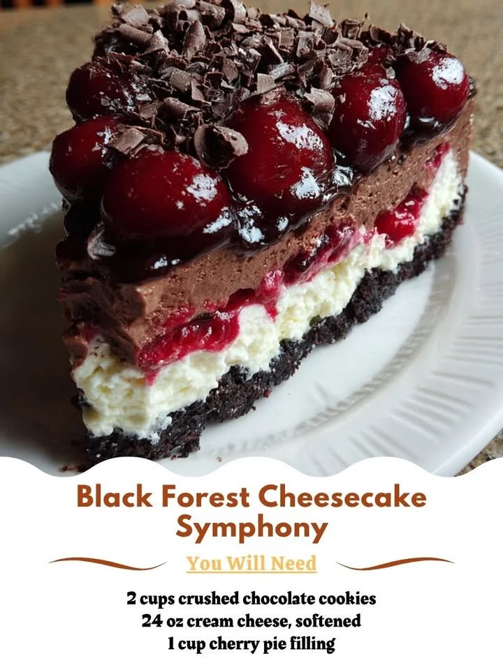 Delicious Black Forest Cheesecake topped with cherries and chocolate shavings