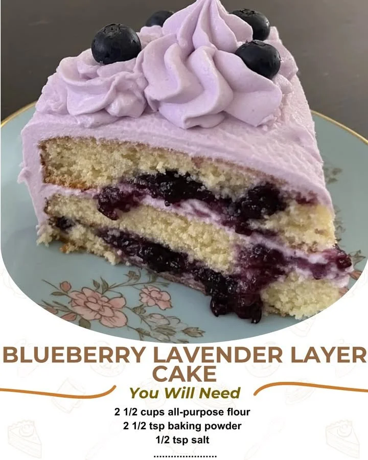 Blueberry Lavender Layer Cake with layers of soft cake and floral frosting