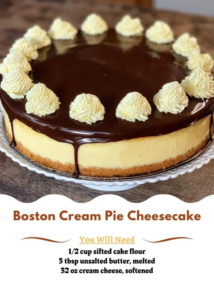 Delicious Boston Cream Pie Cheesecake topped with chocolate ganache