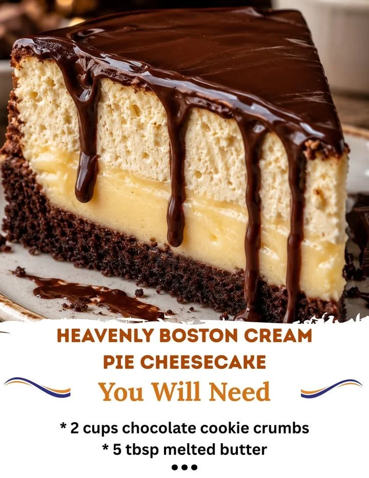 Slice of Boston Cream Pie Cheesecake topped with chocolate glaze and whipped cream