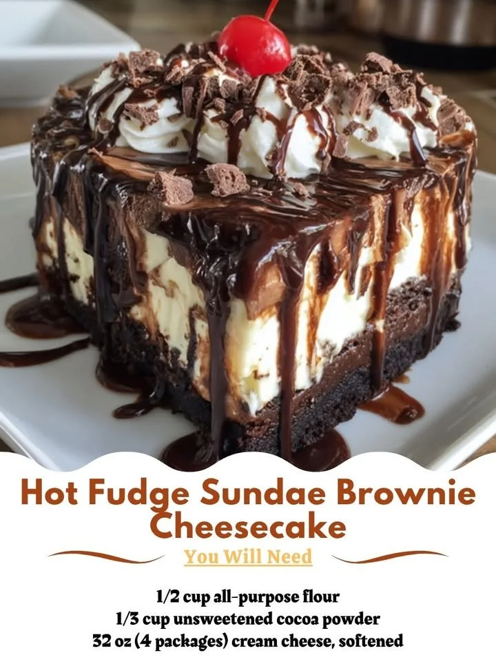 Delicious Brownie Cheesecake with Hot Fudge Sundae Swirl on a plate