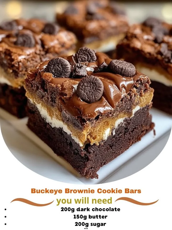 Delicious Buckeye Brownie Cookie Bars topped with creamy peanut butter frosting