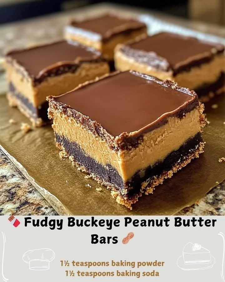 Buckeye Peanut Butter Bars topped with rich chocolate and peanut butter