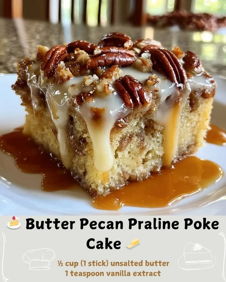 Delicious Butter Pecan Praline Poke Cake topped with pecans and praline sauce.