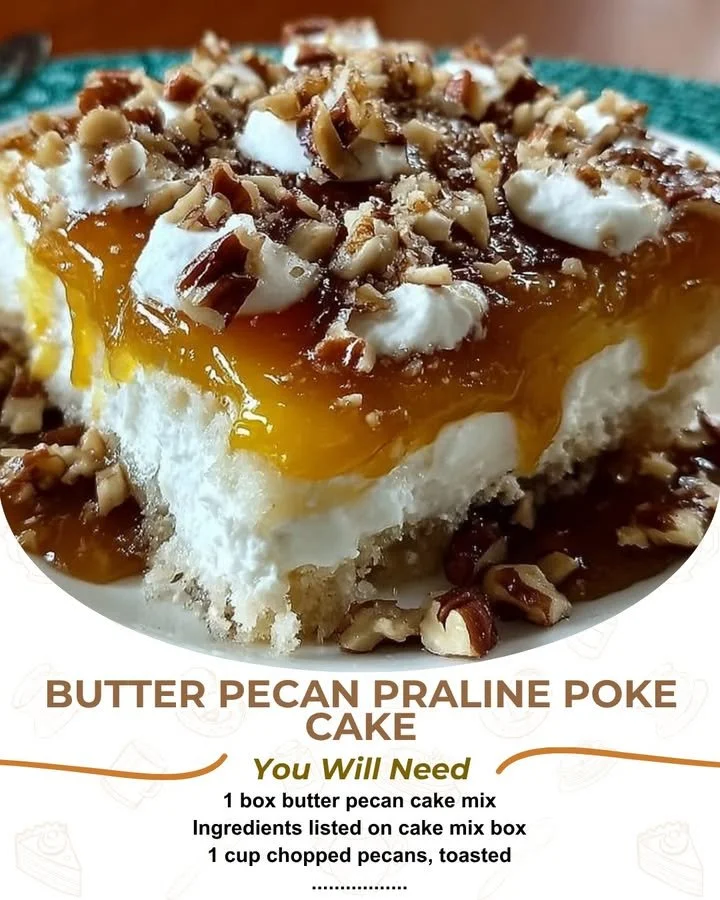 Delicious Butter Pecan Praline Poke Cake topped with pecan praline