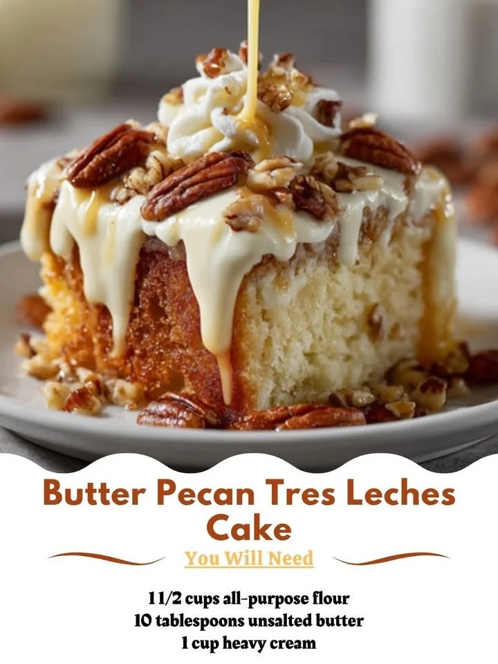Delicious Butter Pecan Tres Leches Cake topped with whipped cream and pecans.