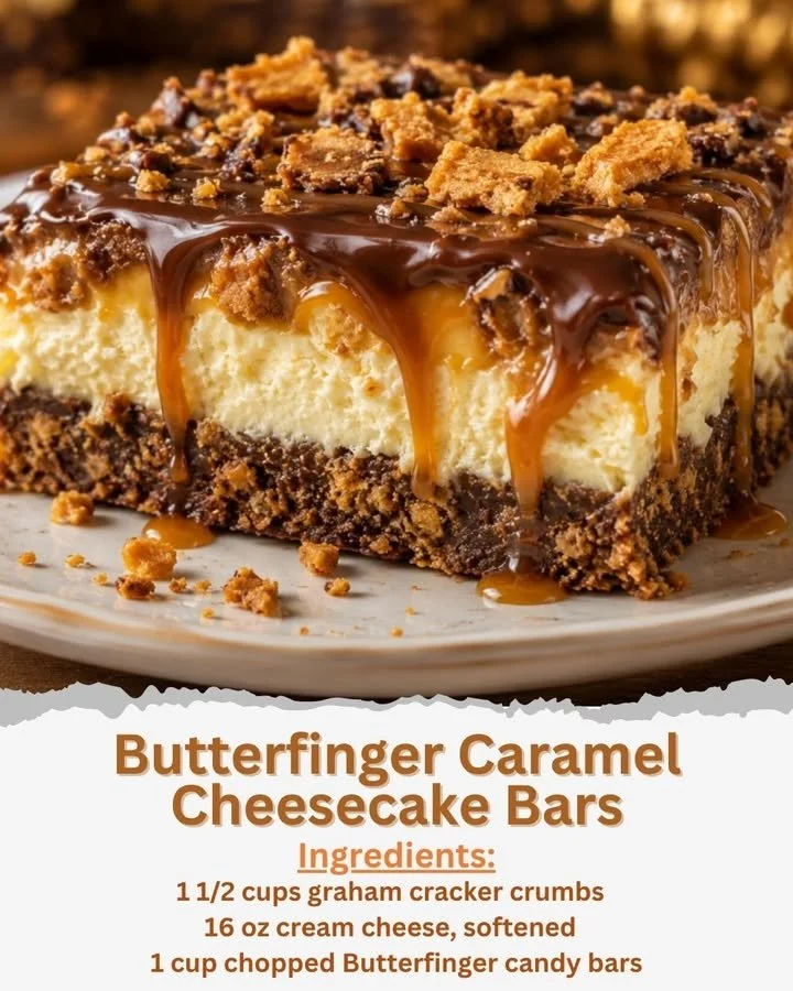 Butterfinger caramel cheesecake bars topped with chocolate and caramel drizzle