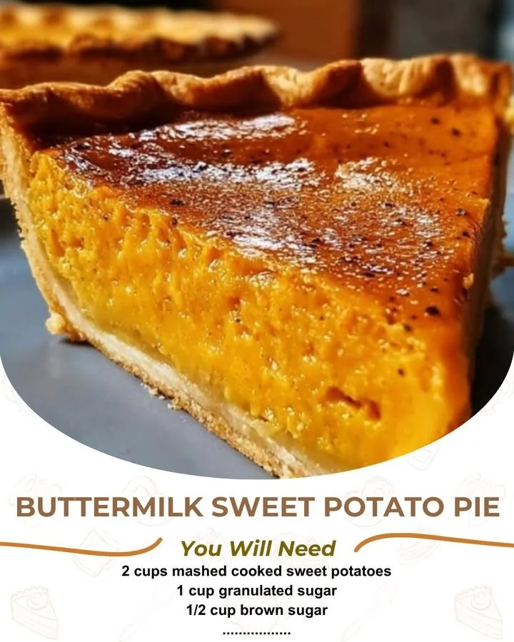 Buttermilk sweet potato pie served with a slice and whipped cream topping