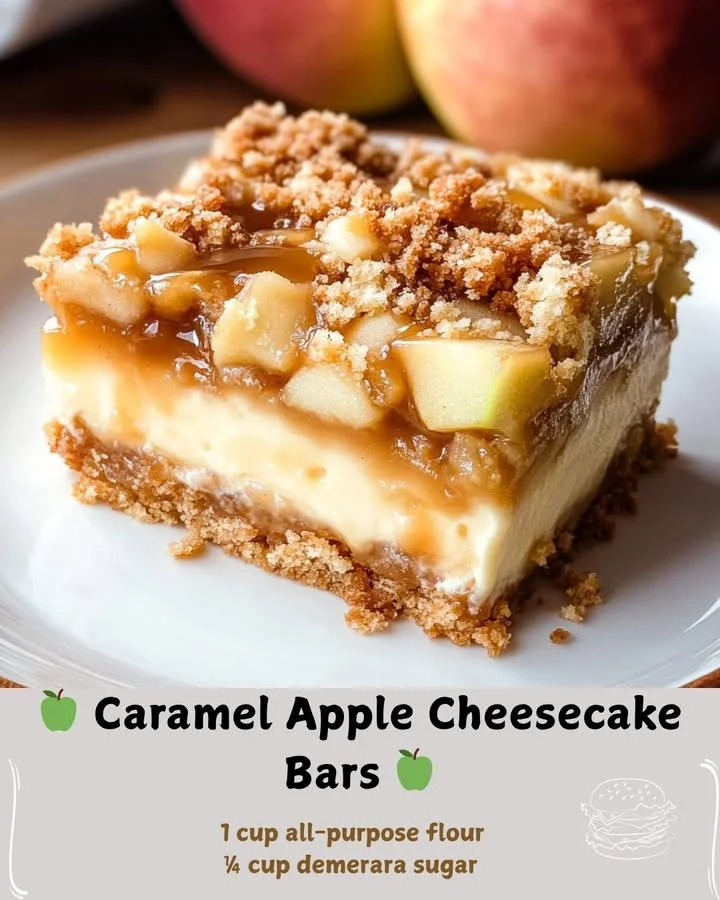 Delicious caramel apple cheesecake bars topped with caramel drizzle and apple slices