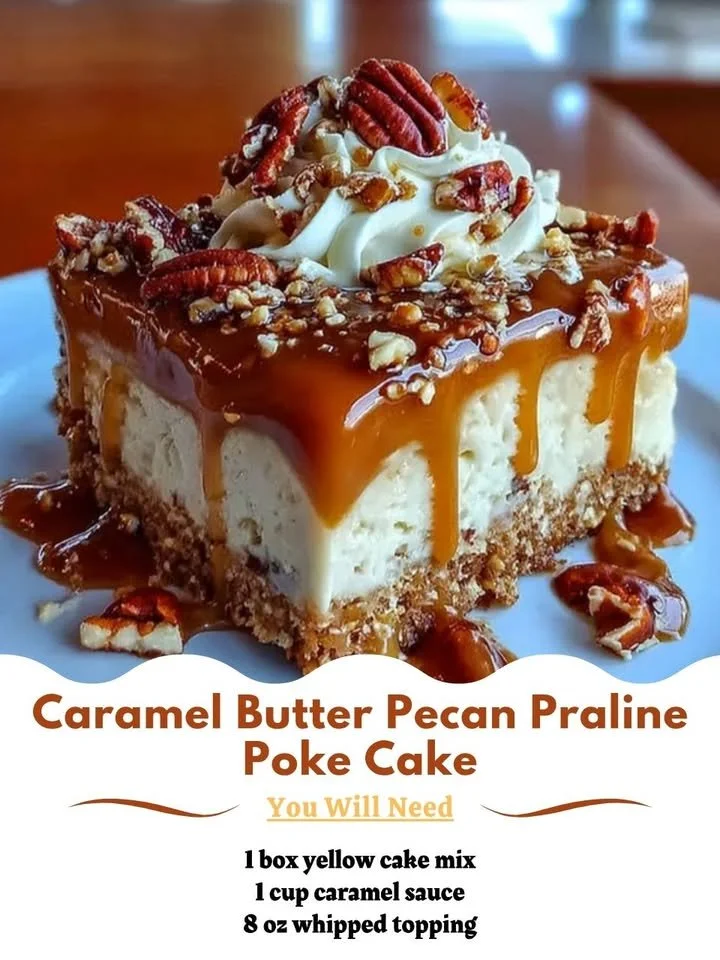 Delicious Caramel Butter Pecan Praline Poke Cake topped with pecans and caramel sauce.
