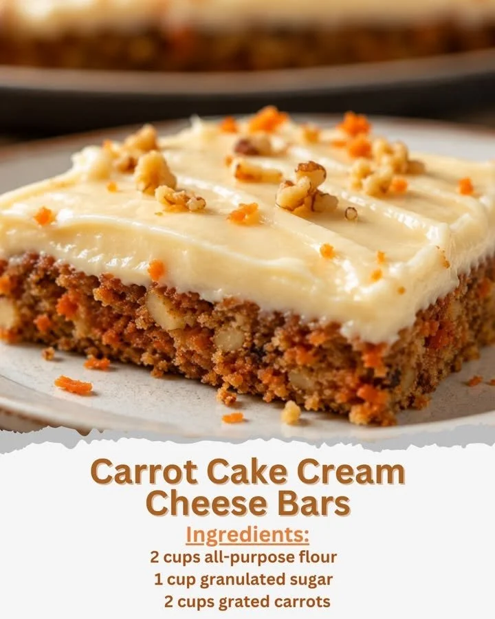 Delicious carrot cake cream cheese bars with frosting and garnish