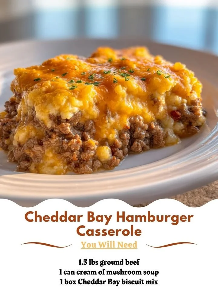 Cheddar Bay Hamburger Casserole served in a baking dish with melted cheese on top