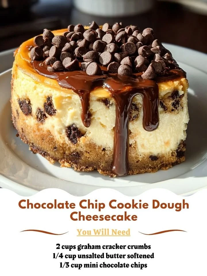 Cheesecake topped with chocolate chip cookie dough