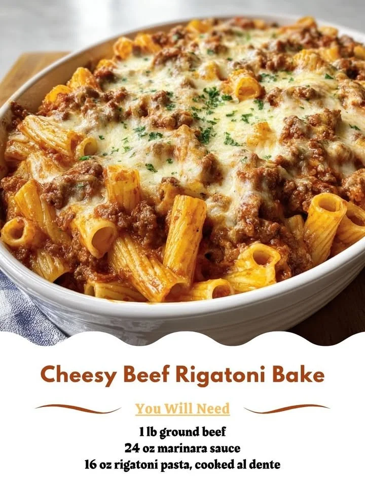 Cheesy Beef Rigatoni Bake topped with melted cheese and herbs