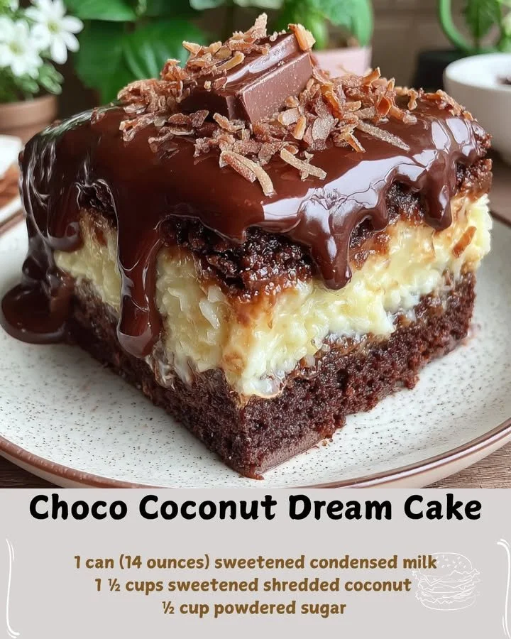 Delicious Choco Coconut Dream Cake with chocolate frosting and coconut flakes