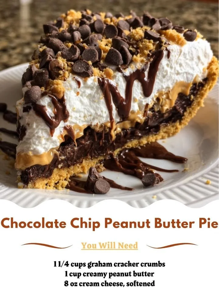 Delicious Chocolate Chip Peanut Butter Pie topped with chocolate chips and peanut butter.