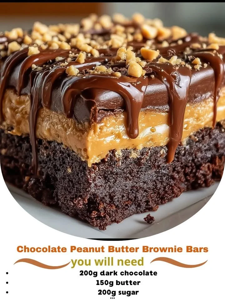 Rich Chocolate Peanut Butter Brownie Bars topped with chocolate drizzle and nuts.