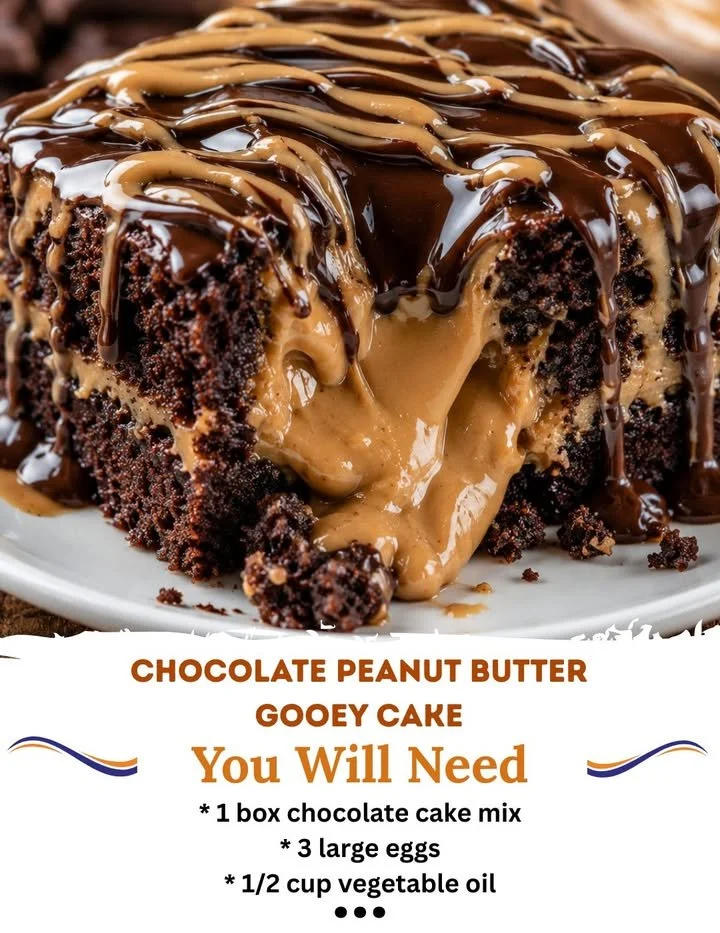 Decadent chocolate peanut butter gooey cake with rich frosting and a slice cut out