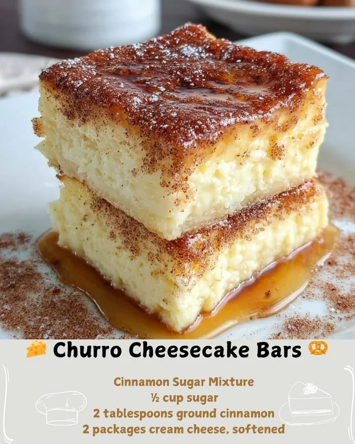 Delicious churro cheesecake bars topped with cinnamon sugar and drizzled with caramel
