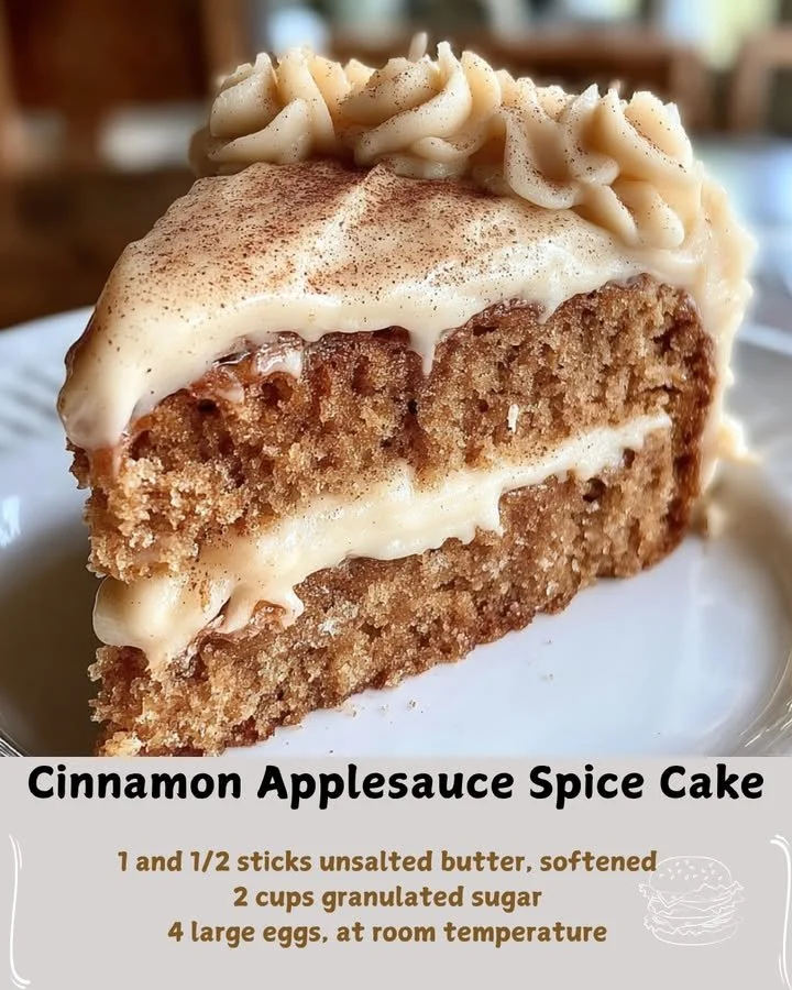 Slice of cinnamon-spiced applesauce cake on a plate