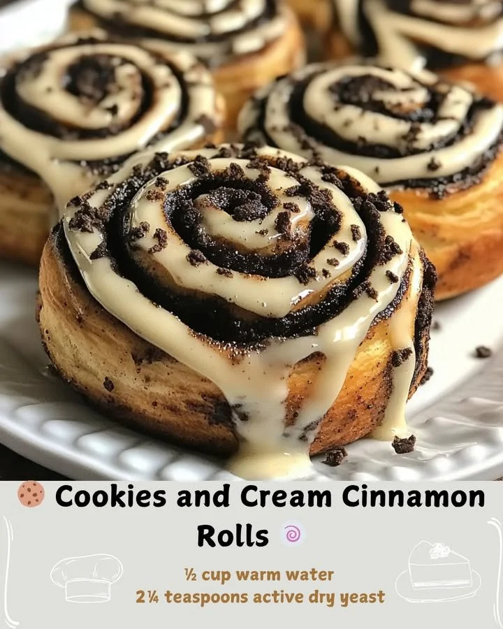 Delicious cookies and cream cinnamon rolls fresh out of the oven.