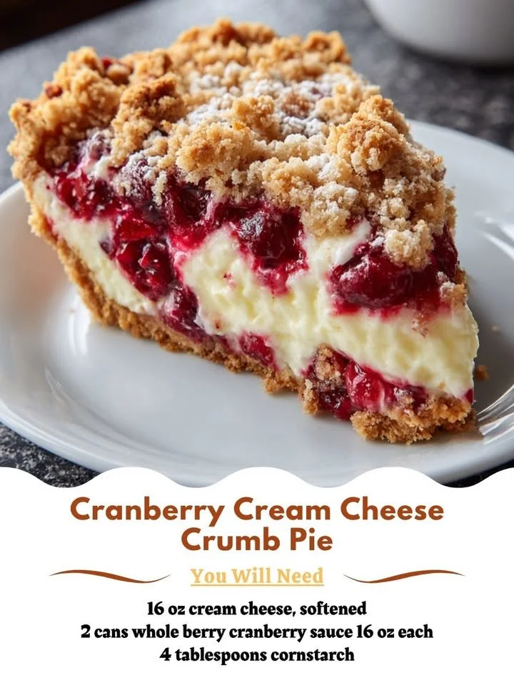 Cranberry Cream Cheese Crumb Pie with a golden crumb topping on a rustic plate