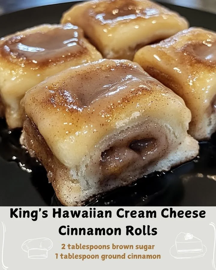 Delicious cream cheese cinnamon rolls from King's Hawaiian on a rustic table.