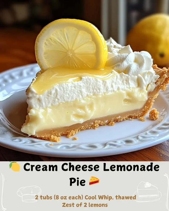 Cream Cheese Lemonade Pie topped with lemon slices and whipped cream