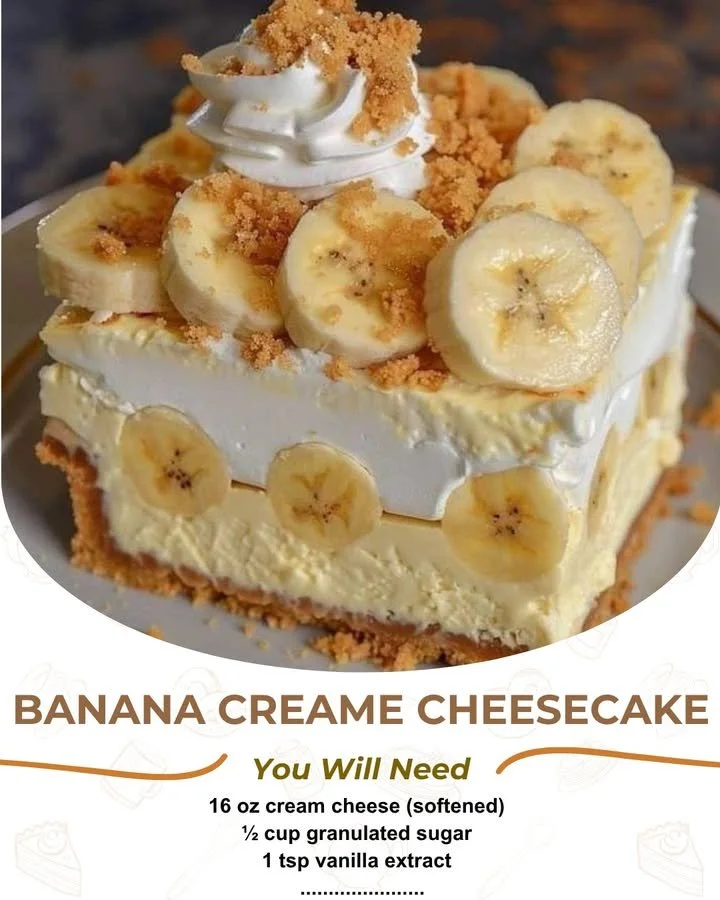 Creamy banana cheesecake bars on a plate topped with whipped cream and banana slices