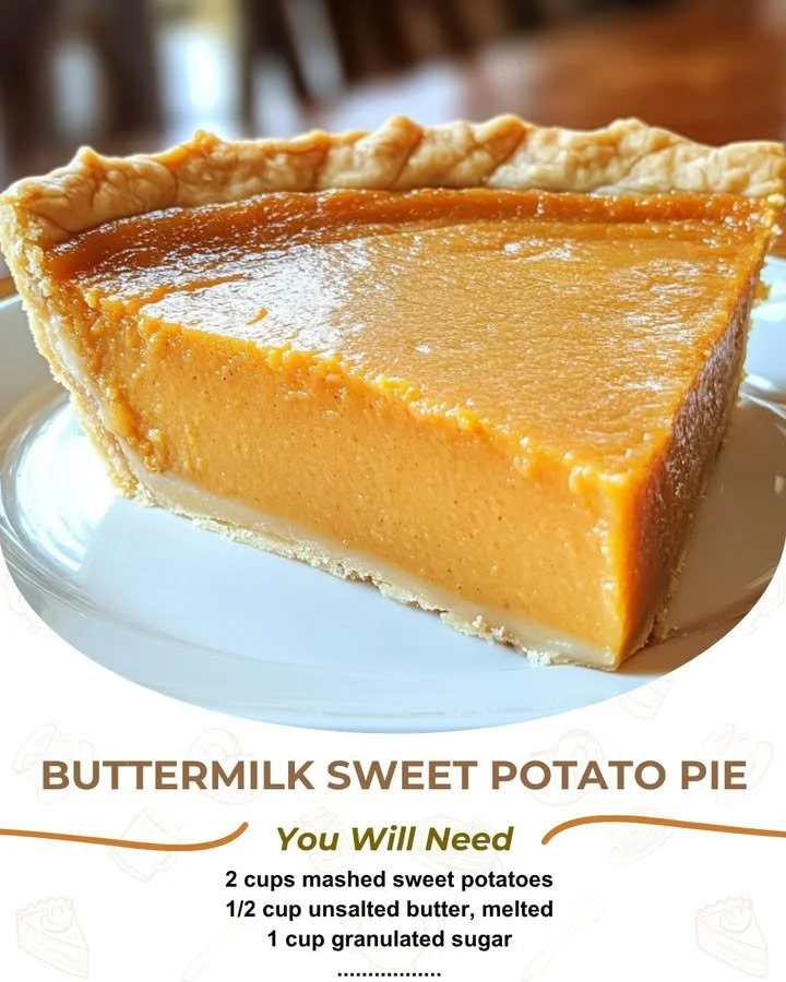 Slice of creamy buttermilk sweet potato pie on a plate with whipped cream