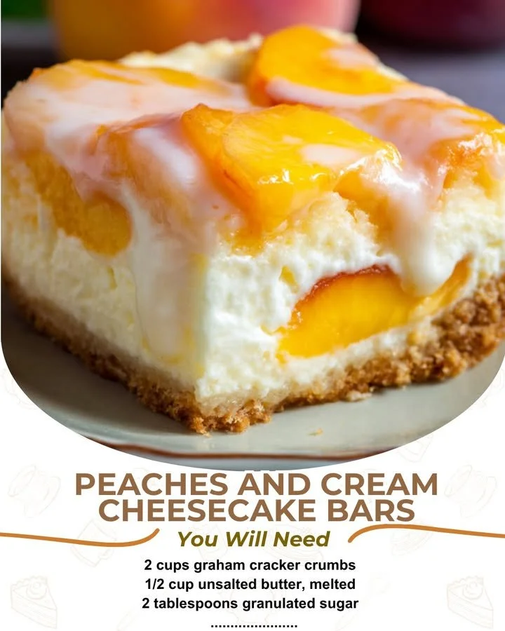 Creamy peach cheesecake bars with fresh peach slices serving on a plate